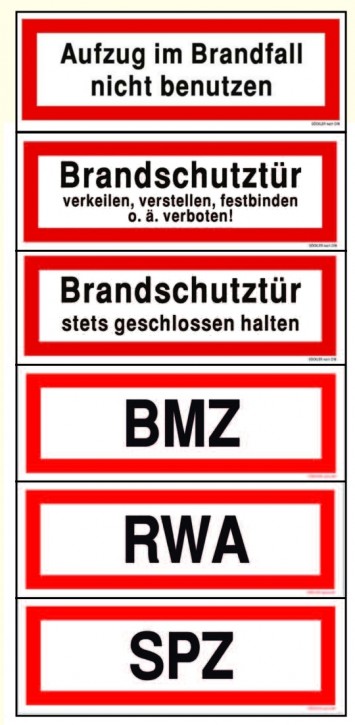 Hier klicken zur Auswahl von Göckler RWA / BMZ / SPZ / Aufzug / Brandschutztür....-Schilder DIN 4066 in verschiedenen Materialien