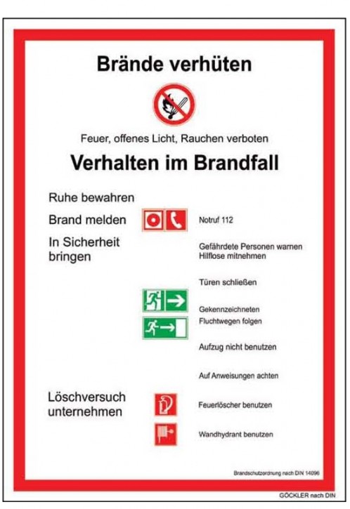 Göckler Brandschutzordnung Brände verhüten -Schild DIN 14096 Gr.:  210 x 297 mm  Kunststoffplatte langnachleuchtend rot/schwarz/grün