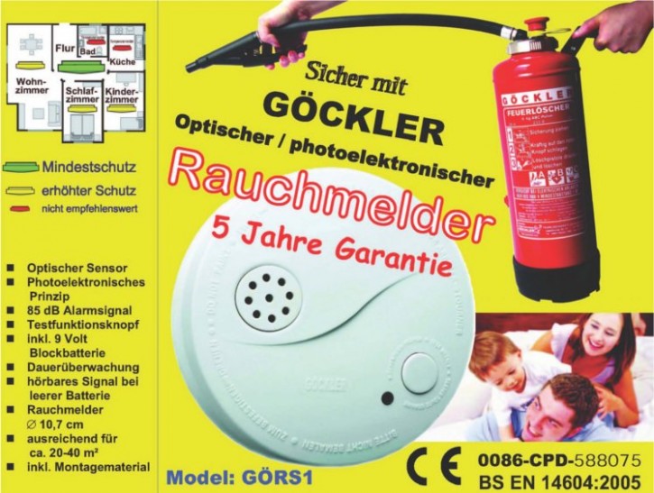 Göckler Rauchmelder BS EN 14604:2005 geprüft inkl. 9 Volt Blockbatterie