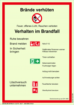 Göckler Brandschutzordnung Brände verhüten -Schild DIN 14096 Gr.:  210 x 297 mm  Kunststoffplatte langnachleuchtend selbstklebende rot/schwarz/grün