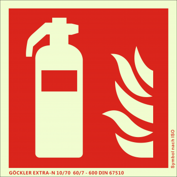 Feuerlöscher-Symbol-Schild F001,Gr.: 300 x 300 mm,langnachleuchtende Folie selbstklebend rot,Symbol nach ISO 7010,GÖCKLER EXTRA-N 10/70 60/7 - 600 DIN 67510