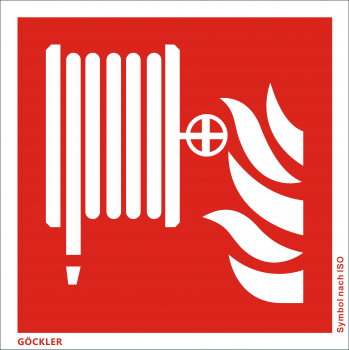 Göckler Löschschlauch-Symbol-Schild F002, Gr.: 200 x 200 mm, Kunststoffplatte nicht klebend rot, Symbol nach ISO 7010