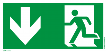 Göckler Rettungsweg Notausgang unten Symbol-Schild, Gr.: 300 x 150 mm, Kunststoffplatte nicht klebend grün, Symbol nach ISO 7010