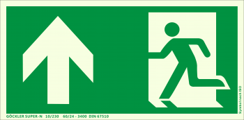 Rettungsweg Notausgang oben Symbol-Schild,Gr.: 300 x 150 mm, langnachleuchtende Kunststoffplatte mit selbstklebender Schaumschicht grün, Symbol nach ISO 7010 ,GÖCKLER SUPER-N 10/230 60/24 - 3400 DIN 67510