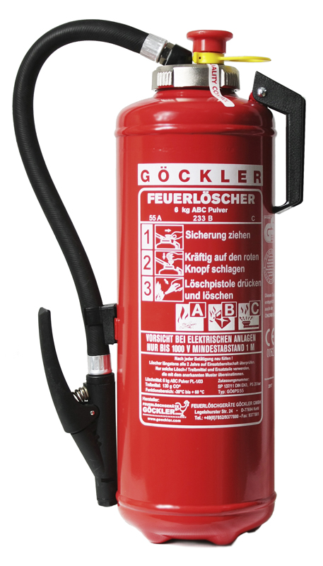 NEU 6 kg Göckler ABC- Pulver- Auflade- Feuerlöscher DIN EN 3 , GS , Rating:  55 A, 233 B, C = 15 LE , Mit nachleuchtender Beschriftung.-GÖ6PS55
