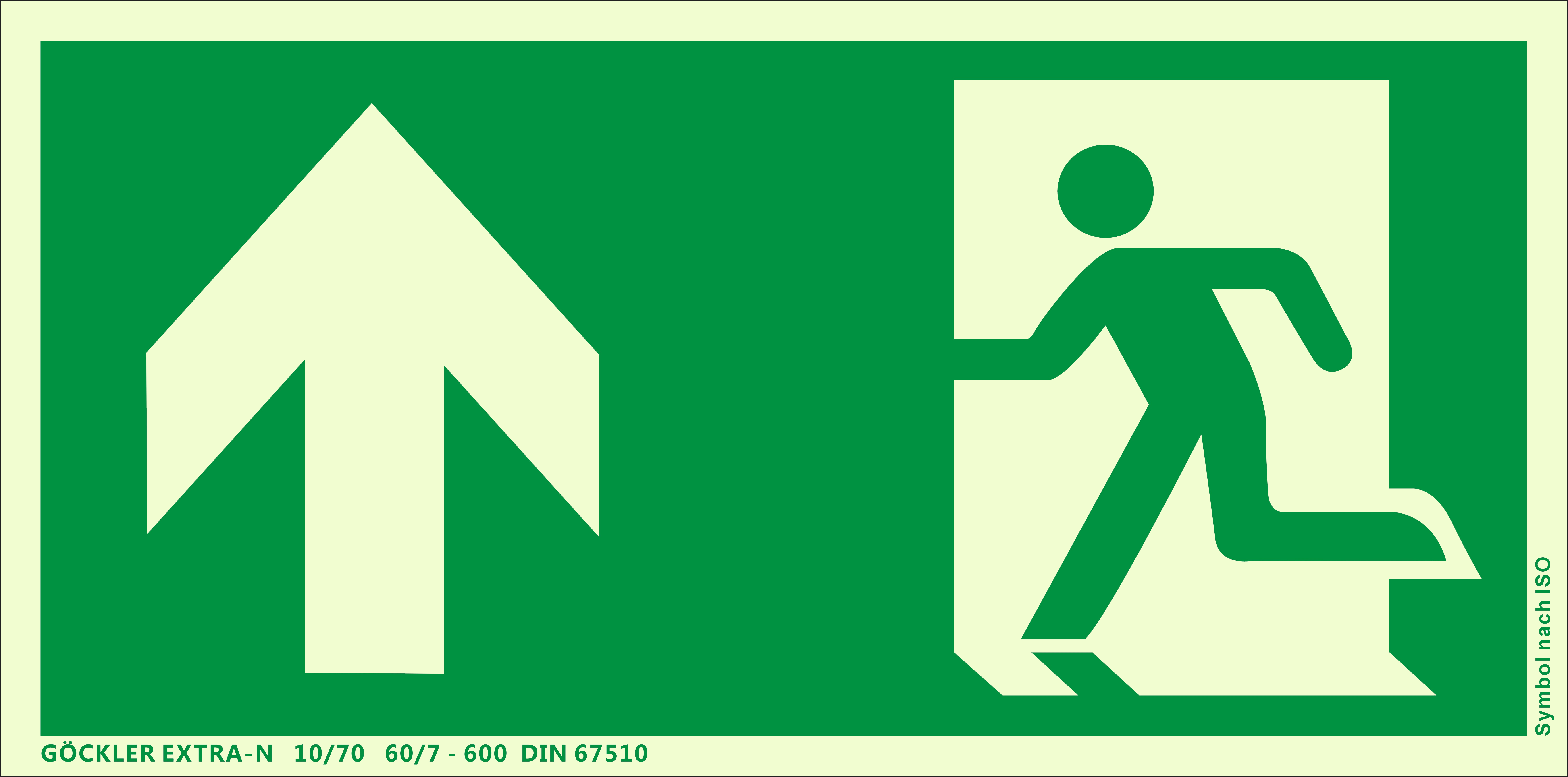 Rettungsweg Notausgang oben Symbol-Schild,Gr.: 300 x 150  mm,langnachleuchtende Folie selbstklebend grün,Symbol nach ISO 7010,GÖCKLER  EXTRA-N 10/70 60/7 - 600 DIN 67510-75092